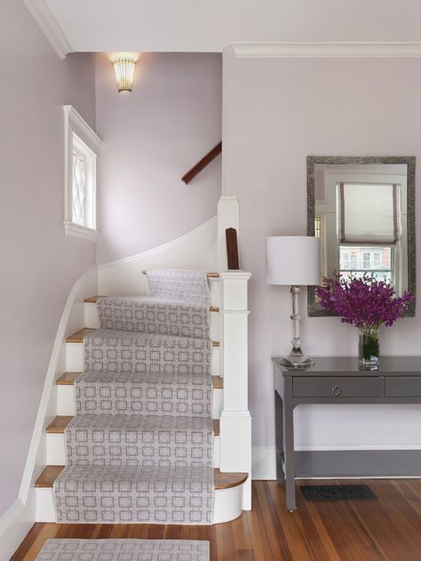 Entryway levender wall color shade - Home Decorating Trends - Homedit Purple And Gray Bedroom, Lavender Walls, Lavender Paint, Bedroom Purple, Traditional Staircase, Studio Interior Design, Foyer Design, Mirror On The Wall, Gray Bedroom