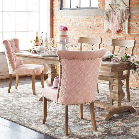 Get inspired with dining roomideas and photos for your home refresh or remodel. Wayfair offers thousands of design ideas for every room in every style. #diningroom #diningroomideas #homedecor Blush Pink Dining Room, Pink Dining Room, Industrial Dining Room, Estilo Kitsch, Pink Dining Chairs, Pink Dining Rooms, Farmhouse Style Dining Table, Cottage Pink, Dining Room Industrial