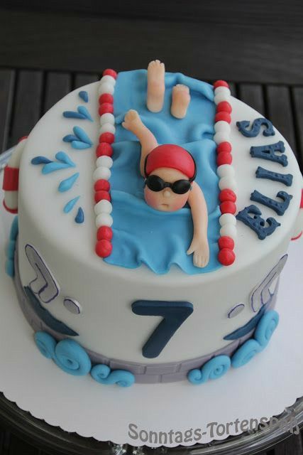 Swimming Cupcakes, Swimmer Cake, Pool Birthday Cakes, Ocean Birthday Cakes, Swimming Pool Cake, Volleyball Hairstyle, Swimming Cake, Sports Themed Cakes, Pool Party Cakes