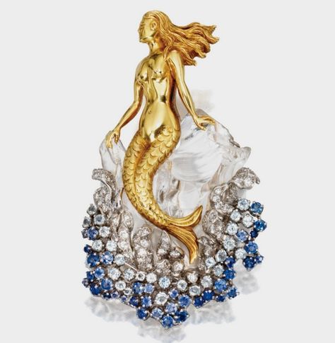 Rock Crystal, Aquamarine, Sapphire and Diamond 'Mermaid' Brooch, Verdura, Circa 1945 from Sotheby's Mermaid Brooch, Crystal Aquamarine, Mermaid High, Mermaid Jewelry, Art Nouveau Jewelry, Vintage Jewels, A Mermaid, Rock Crystal, March Birth Stone