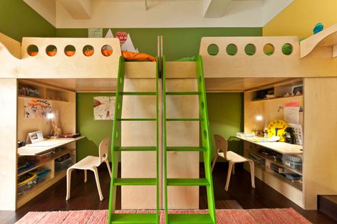 Double Loft Beds, Kids Shared Bedroom, Bunk Bed With Desk, Shared Kids Room, Kids Loft, Cool Kids Rooms, Kids Loft Beds, Bunk Beds With Stairs, Bunk Bed Designs