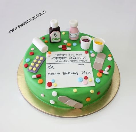 Medicine theme customized cake for pharmacist by Sweet Mantra - Customized 3D cakes Designer Wedding/Engagement cakes in Pune - http://cakesdecor.com/cakes/332160-medicine-theme-customized-cake-for-pharmacist Cake For Pharmacist, Medicine Cake, Pharmacy Cake, Medical Cake, Science Cake, Doctor Cake, Fondant Cakes Birthday, Customized Cake, Party Food Themes