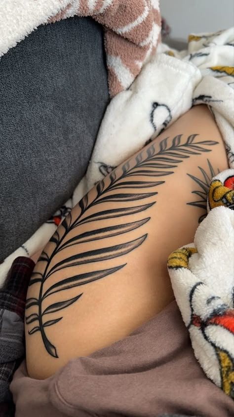 Palm Leaves Tattoo on Leg Thigh Leaf Tattoos Women, Palm Tree Leaves Tattoo, Palm Frond Tattoos, Leaf Leg Tattoo, Palm Tree Leaf Tattoo, Palm Branch Tattoo, Leaf Back Tattoo, Palm Leaves Tattoo, Tropical Leaves Tattoo