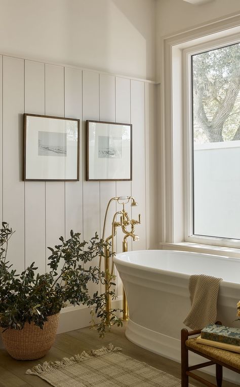 Shiplap Master Bath, Shiplap Around Tub, Ashley Montgomery Design, Bathroom Freestanding Tub, Ashley Montgomery, Bathroom Freestanding, Online Consultation, Cottage Bathroom, Beige Bathroom