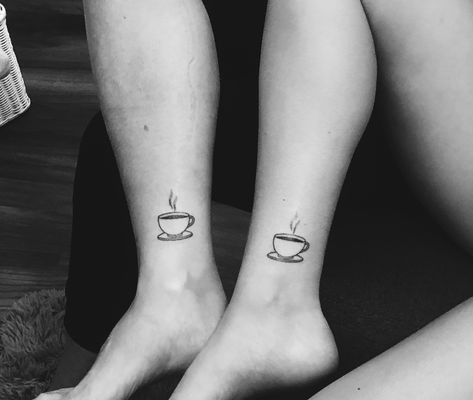 Small Coffee Tattoo Ideas, Coffee Matching Tattoo, Matching Coffee Tattoos, Mug Tattoo Design, Oliver Tattoo, Coffee Mug Tattoo, Coffee Tattoo Ideas, Mug Tattoo, Awful Tattoos