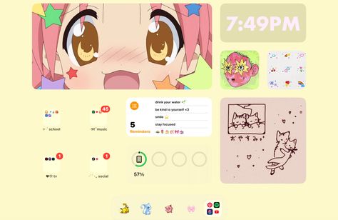 Lucky Star Homescreen, Ipad Ios Theme, Anime Ipad Layout, Lucky Star Aesthetic, Tablet Theme Ideas, Tablet Homescreen Layout, Ipad Layout Aesthetic, Ipad Theme Ideas Aesthetic, Ipad Theme Ideas