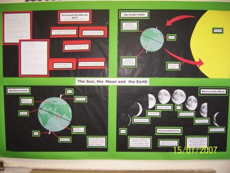 The Sun, The Moon And The Earth Display | Teaching Ideas Ks2 Science, Science Display, Sixth Grade Science, Fourth Grade Science, Science Anchor Charts, Earth Space, Space Display, 8th Grade Science, 4th Grade Science