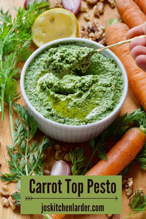 Carrot Top Pesto, Fruit Vinegar, Pesto Cheese, Kitchen Larder, Carrot Greens, Vegan Pesto, Carrot Top, Veggie Stock, Veggie Delight