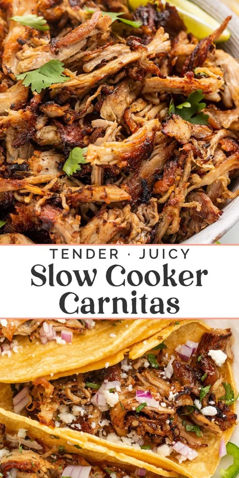 Tender pork, slow-cooked to juicy perfection, then quickly browned for deliciously crisp edges. This slow cooker carnitas recipe couldn't be easier or more incredible, made with a simple spice blend and simmered in citrus juices with a handful of aromatics. I've been making this Crockpot pork carnitas for years and it's still a huge hit in my house! Crock Pot Pork Tacos Carnitas, How To Season Pork Loin, Ranch Pork Loin Crock Pot, Pork Shoulder Tacos Crockpot, Aldi Pork Carnitas Slow Cooker, Pork Tacos Crockpot Carnitas, Pork Loin Carnitas Slow Cooker, Group Crockpot Meals, Carnitas In Crockpot