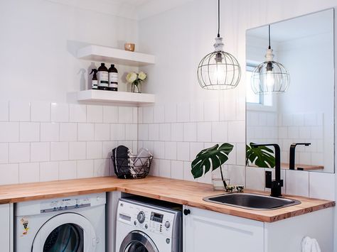 Pendant lamp and wooden bench top in laundry corner Cool Laundry Room, Laundry Bathroom Combo, Storage Laundry Room, Utility Room Storage, Three Birds Renovations, Laundry Room Layouts, Laundry Room Renovation, Laundry Design, Laundry Room Inspiration