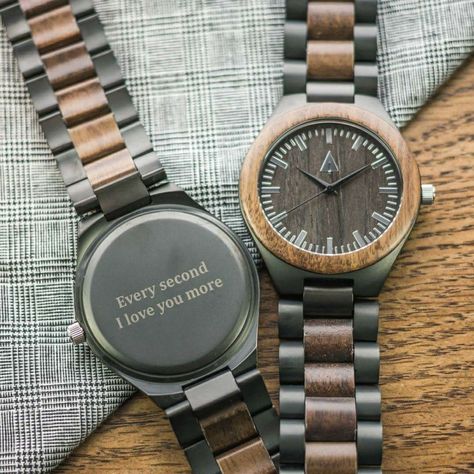 This is such a sweet message to have engraved into a watch for a wedding anniversary gift. Watch Engraving Ideas, Engraving Ideas, Wooden Watches, Brown Watches, Watch Engraving, Boyfriend Diy, Fathers Day Sale, Mens Fashion Classy, Sweet Messages