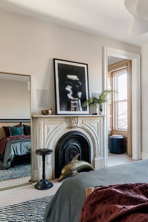 Adrian Grenier's Renovated Brooklyn Brownstone 17 Brownstone Bedroom, Stone Fireplace Mantle, Brownstone Homes, Ny Apartment, Brooklyn Brownstone, Transitional Bedroom, Eclectic Modern, Sell Your House Fast, Antique Stone