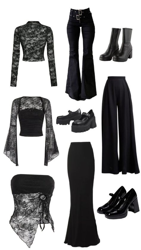 #outfits #blackfits #gothic #shoes #tops #lace #aesthetic Goth Outfit Halloween, Grunge Gothic Outfits, Everyday Gothic Outfits, Gothic Inspo Outfits, Whimsigoth Basics, Gothic Concert Outfit, Lace Top Outfit Aesthetic, Vampire Look Outfits, Romantic Goth Aesthetic Outfits