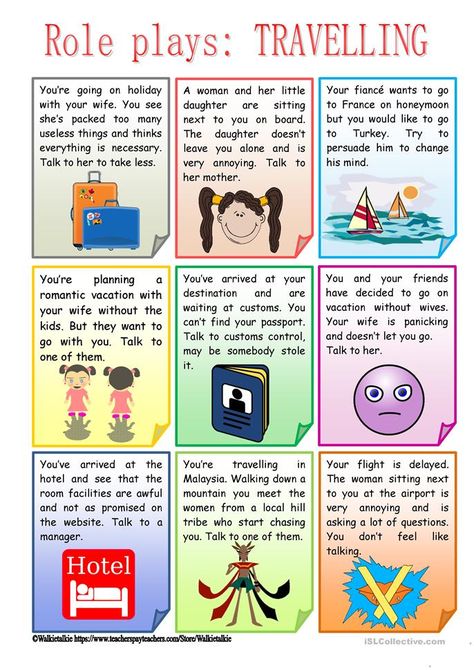 ROLE PLAYS - TRAVELLING - English ESL Worksheets Speaking Activities Esl, Speaking Activities English, Speaking Cards, Drama Activities, Travel English, English Teaching Materials, Discussion Starters, Speaking Activities, Conversational English