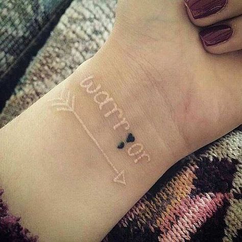 semicolon-tattoos-03 Places For Small Tattoos, Arrow Tattoo On Wrist, Tattoos Dainty, Small Tattoo Placement, Arrow Tattoo Design, Tattoo Wrist, White Ink Tattoo, Semicolon Tattoo, Arrow Tattoo