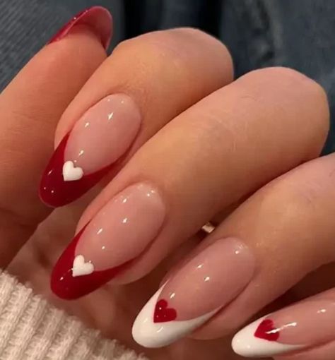 Nails For Ball Gown, Red Nail White French Tip, Jelly Red Nails Design, Acyrilics Nails Christmas, Simple Valentines Day Nails Medium Length, Red French Tip Nails Almond Valentines, Red Nails With A Heart, Cutesy Nail Designs, Heart Cutout Nails