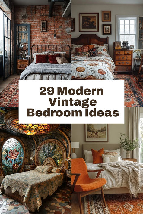 Transform your bedroom into a dreamy mix of vintage charm and modern flair! These 29 bedroom ideas bring together timeless pieces with a fresh twist, creating a cozy, stylish retreat you’ll love. Master Bedrooms Vintage Decor, Vintage And Modern Decor Mixing Bedroom, Organic Vintage Bedroom, 70s Modern Bedroom, Eclectic Bedroom Decor Ideas, Vintage And Modern Bedroom, Vintage Salon Bedroom, Colorful Vintage Bedroom Ideas, 1940s Bedroom Aesthetic