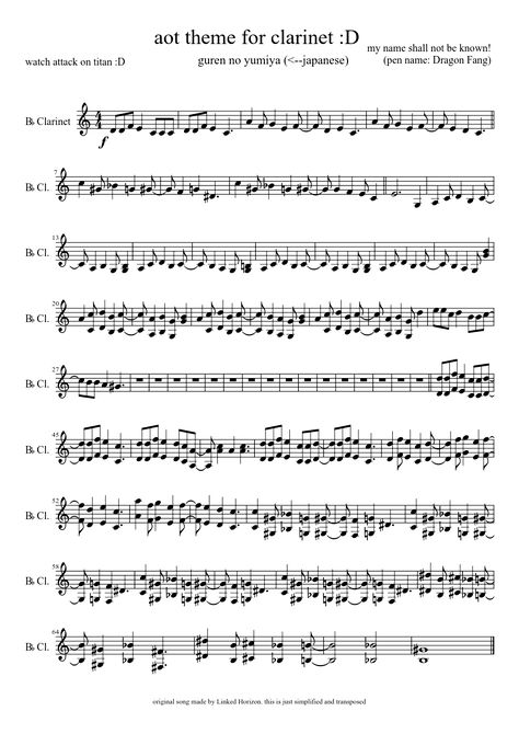 the Attack on Titan theme song for clarinet. Rush E Clarinet Sheet Music, Kpop Clarinet Sheet Music, Clarinet Songs, Bo Burnham Songs, Anime Sheet Music, Guren No Yumiya, Bb Clarinet Sheet Music, Bass Clarinet Sheet Music, Unfinished Symphony