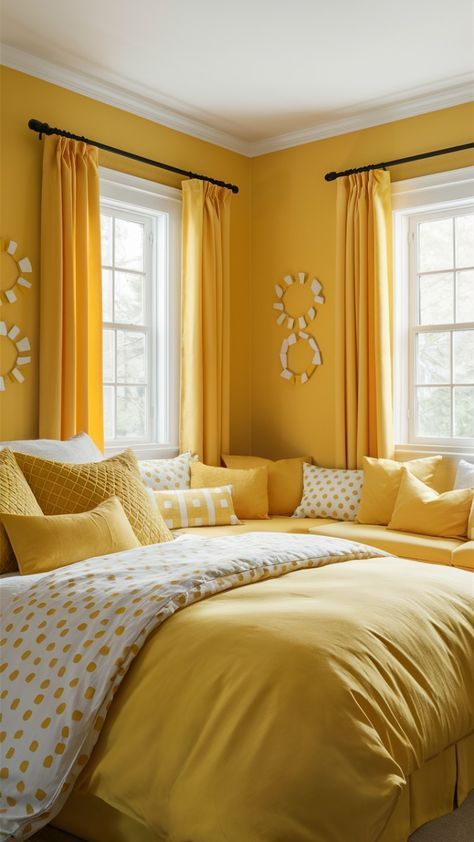 Cozy Yellow Home Bedroom Ideas for Relaxation 16 Yellow Bedroom Paint Colors, Yellow Bedroom Paint, Bedroom Interior Colour, Home Bedroom Ideas, Yellow Bedroom Walls, Cottage Style Bedrooms, Bedroom Yellow, Ideas Habitaciones, Vibrant Decor