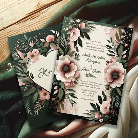 Lush Dark Green and Blush Pink Floral Wedding Invitation Hunter Green And Light Pink Wedding, Blush Pink And Forest Green Wedding, Dark Green Blush Pink Wedding, Hunter Green And Blush Wedding, Blush And Dark Green Wedding, Forest Green And Pink Wedding Theme, Dark Green And Pink Wedding Theme, Dark Green And Blush Wedding, Emerald Green And Blush Pink Wedding