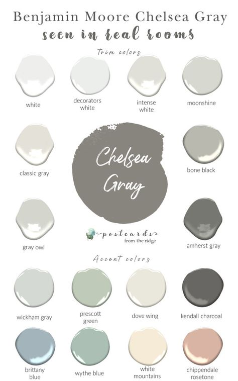 Colors That Compliment Grey, Benjamin Moore Intense White, Benjamin Moore Wythe Blue, Benjamin Moore Chelsea Gray, Benjamin Moore Grey Owl, Color Spotlight, Benjamin Moore Classic Gray, Gray Paint Colors, Benjamin Moore Gray