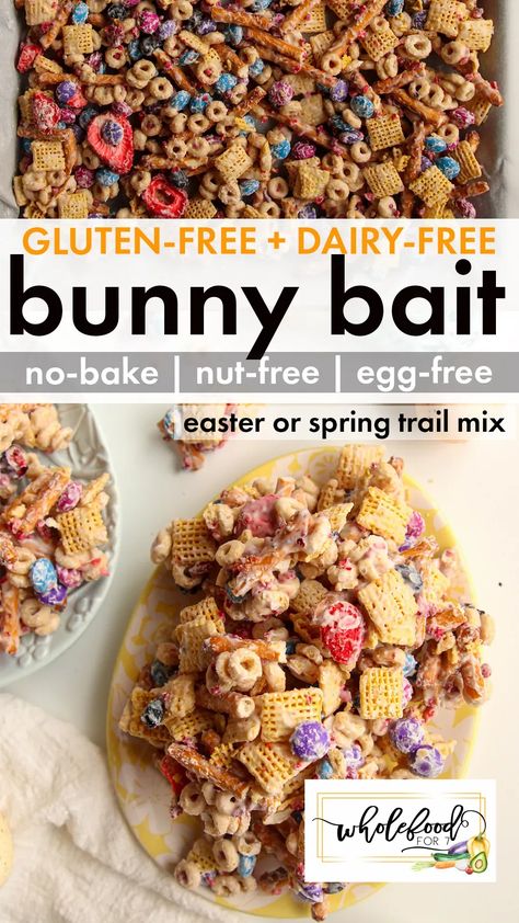 Gluten-free Dairy-free Bunny Bait - No-bake, egg-free, nut-free, EASY. A fun Easter or spring trail mix, snack, or treat. Dairy Egg And Nut Free Recipes, Gluten Dairy Egg Nut Free Recipes, Gluten Free Dairy Free Chex Mix Recipes, Healthy Trail Mix For Kids, Nut Free Trail Mix For Kids, No Nut Trail Mix Recipes, Nut Free Trail Mix, Tree Nut Free Snacks, Gluten Free Snacks For Kids