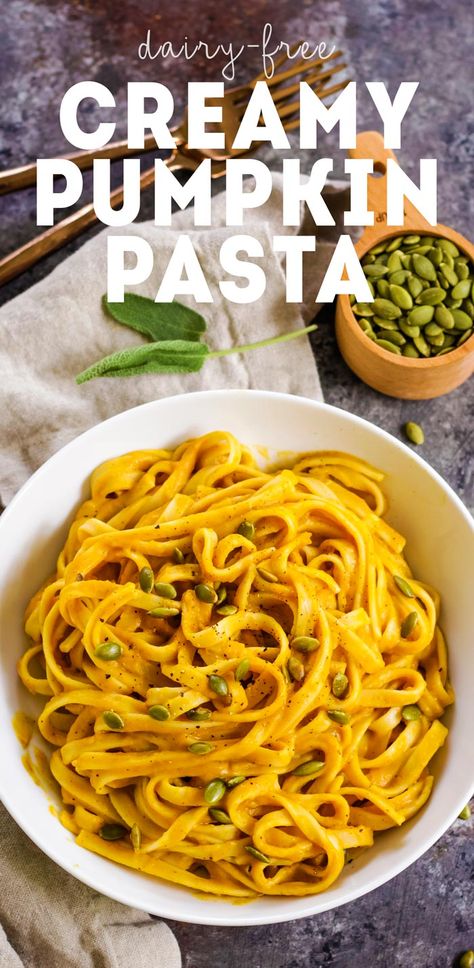 Creamy Pumpkin Sage Pasta - a delicious vegan dinner perfect for fall! This is a super quick meal idea, it can be made in less than 15 minutes. #dairyfree #vegan Pumpkin Sage Pasta, Sage Pasta, Butternut Squash Recipes Pasta, Creamy Pumpkin Pasta, Pumpkin Pasta Recipe, Squash Pasta Recipe, Pumpkin Sauce, Pumpkin Pasta, Homemade Pumpkin Puree