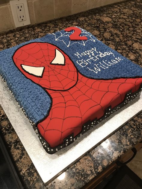 Spider-Man birthday cake. 2nd Birthday. Fondant Spider-Man with buttercream icing. 12x12 square cake. Spider Man Rectangular Cake, Spiderman Square Cake, Spider Man Sheet Cake, Spiderman Sheet Cake, Square Birthday Cake, Spiderman Cake Topper, Spider Man Cake, Spiderman Birthday Cake, Spider Man Birthday