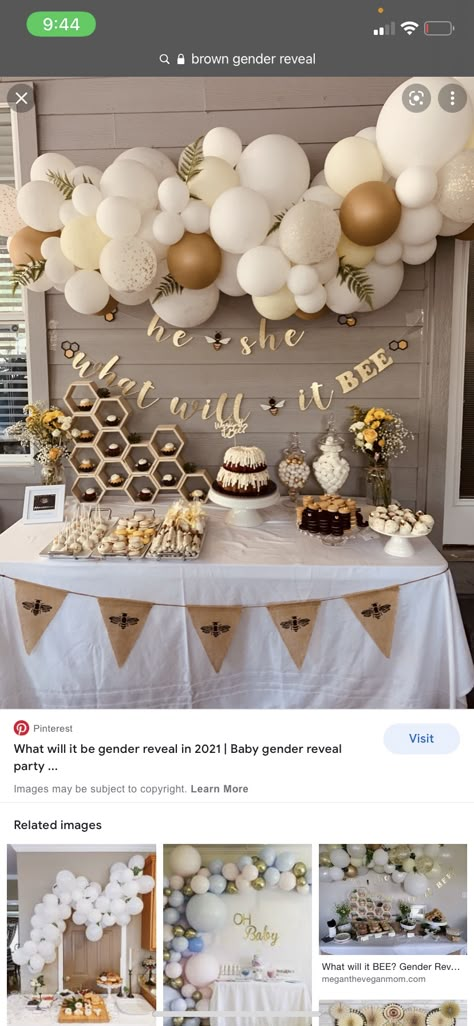 New Theme Gender Reveal, Which Will It Bee Gender Reveal, Reveal Ideas Gender Creative, Gender Neutral Gender Reveal Decorations, What'll It Bee Gender Reveal, Gender Theme Ideas, Gender Reveal Ideas White And Gold, Bee Gender Reveal Ideas For Party, Gender Reveal Ideas For Party Theme Neutral