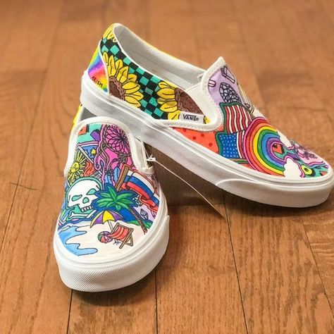 Custom Slip On Vans, Custom Vans Shoes, Painted Shoes Diy, Sk8 Hi Vans, Womens Loafers, Diy Sneakers, Painted Sneakers, Vans Slip On, Custom Vans