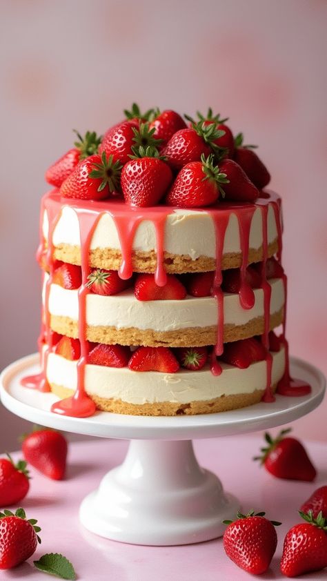 Strawberry Shortcake Cheesecake Cake Strawberry Shortcake Layer Cake, The Best Strawberry Shortcake, Best Strawberry Shortcake, Strawberry Shortcake Cheesecake, Creamy Pudding, Cheesecake Cake, Strawberry Sauce, Decadent Cakes, Classic Cookies