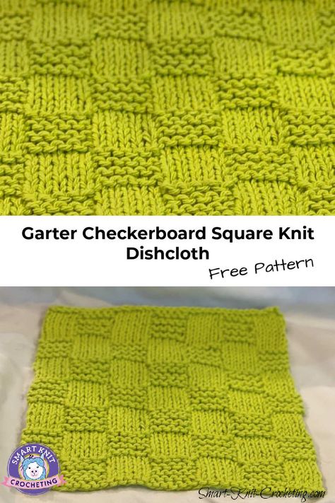 Garter stitch Checkerboard Square Knit Stitch worked in green cotton.  Free pattern Knit Christmas Dishcloth Pattern Free, Knitting Checker Pattern, Checkerboard Knitting Pattern, Knit Christmas Dishcloth, Knit Checkerboard Pattern, Garter Stitch Washcloth, Grandma Dishcloth Knit Pattern, Knitted Squares Pattern, Knitted Dishcloth Patterns Free