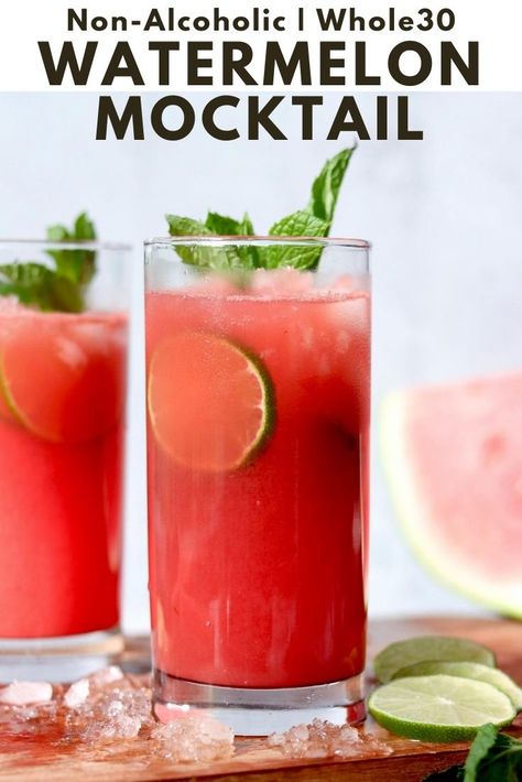 This easy Watermelon Mocktail is bubbly, sweet, super refreshing and perfect for summer! Best of all, it's non-alcoholic, refined sugar free, vegan, and Whole30 compliant, made with just four simple ingredients! #cookathomemom #whole30recipes #mocktail Mocktails Non Alcoholic Watermelon, Whole 30 Mocktail Recipes, Poppi Soda Mocktail, Alcohol Watermelon, Watermelon Mocktail Recipe, Drinks Virgin, Watermelon Mocktail, Greenhouse Bar, Summer Mocktail Recipes