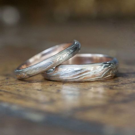 @wrmetalarts posted to Instagram: HURRY! 10% OFF ROSE GOLD DESIGNS ENDS TOMORROW!   Stunning ✨14K rose gold is layered between palladium 14k white gold and silver, and hand-crafted to perfection in these gorgeous non-traditional wedding bands.💍 The ancient technique of mokume gane creates an elegant woodgrain effect that is as durable as it is beautiful.⚒   #shopsmall #slowfashion #ethicaljewelry #minimalistwedding #minimalistweddingring #classicgoldband #simplegoldring Wedding Challenge, Traditional Wedding Bands, Gold Liner, Band Ideas, Groom Ring, Non Traditional Wedding, Mokume Gane, Nontraditional Wedding, Ring Ideas