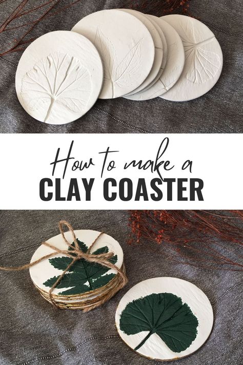 How to Make Botanical-Inspired Air-Dry Clay Coasters Lightweight Clay Ideas, Air Dry Clay Botanical, Plant Imprint Clay, Salt Dough Coasters Diy, Plant Impressions In Clay, Air Dry Clay Projects Mothers Day, Air Dry Clay Faces, Airdryclay Ideas Coaster, Clay Coasters Air Dry