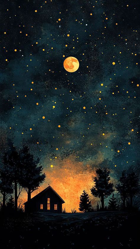 Night Sky Moon Painting, Stars Landscape, Sky And Stars, Night Sky Art, Best Nature Images, Night Sky Painting, Night Illustration, Moonlit Sky, Moonlit Night