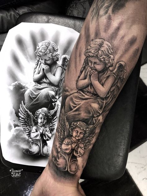 Concrete Angel Tattoo, Angel Half Sleeve Tattoo For Women, Cherub Hand Tattoo, Angle Tattoo For Men, Forearm Tattoo Men Sleeve, Religous Tattoo, Angel Sleeve Tattoo, Angle Tattoo, Arm Tattoos For Guys Forearm