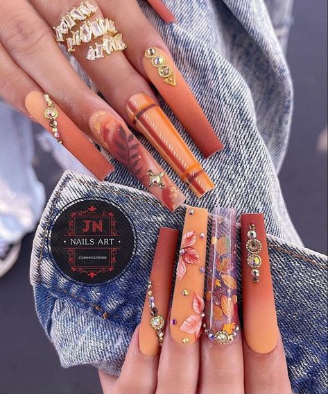 Nails Acrylic Square, Fall Nail Inspo, Fall Acrylic, Thanksgiving Nail Designs, Shape Nails, September Nails, Nails Design With Rhinestones, Fall Acrylic Nails, Coffin Shape Nails