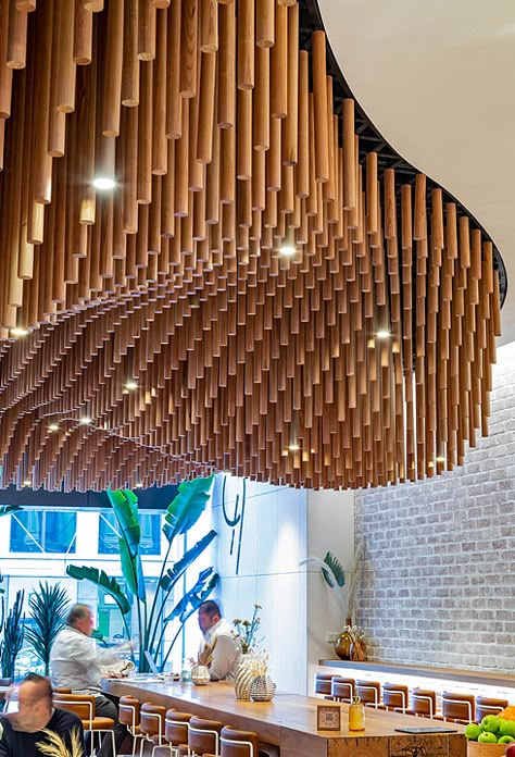 Gallery of Sculptform in Hunter House Cafe - 4 Parametric Restaurant, Cafe Lighting Design, Wall Ceiling Design, Parametric Ceiling, Wooden Feature Wall, Restaurant Seating Design, Hunter House, Resturant Design, Ceiling Feature