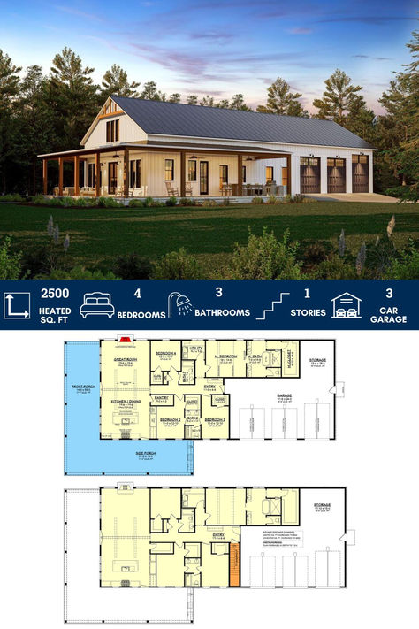 4-Bed Modern Farmhouse Barndo House Plan with an Oversized Garage - 2500 Square Feet House Plans Under 200k To Build, 4 Bed 3 Bath Ranch House Plans, 4 Bed Farmhouse Floor Plans, 2500 Sqft House Plans Layout, House Plans Bedrooms On Same Side, 5 Bedroom Floor Plans One Level Simple, One Floor Barndominium Plans, 4 Bed Barndominium Floor Plans With Shop, 3 Bedroom Home Floor Plans Barndominium