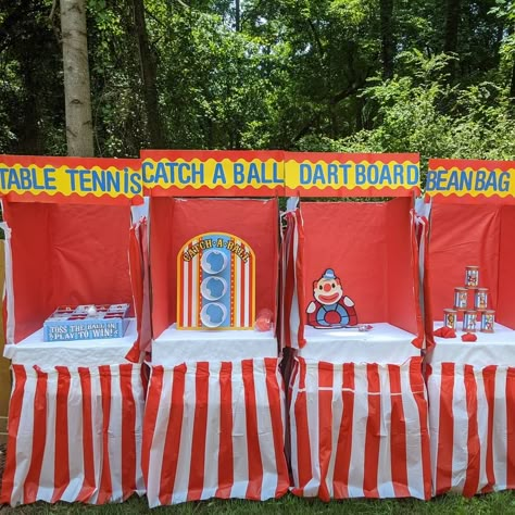 Carnival Theme Homecoming, School Fair Booth Ideas, Diy Carnival Booth, Diy Carnival Decorations, Diy Circus Decorations, School Carnival Decorations, Carnival Game Booth, Indoor Carnival, Cardboard Carnival