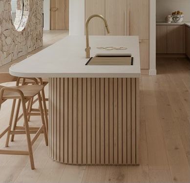 Kitchen Island Fluting, Fluted Wood Island, Kitchen Island Wood Slats, Kitchen Island Fluted, Wooden Dowel Kitchen Island, Reeded Wood Kitchen Island, Ribbed Wood Kitchen Island, Modern Scandi Kitchen, Wooden Kitchen Bench