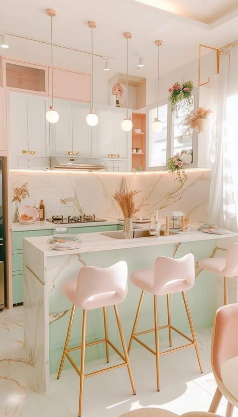 Pink Aesthetic Kitchen, Aesthetic Kitchen Modern, Cocinas Aesthetic, Girly Must Haves, Kitchen Ideas Pink, Cute Pink Kitchen, Modern Pink Kitchen, Cocina Aesthetic, Aesthetic Kitchen Ideas