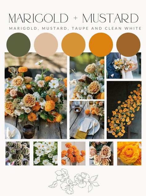 Fall Wedding Colors Mustard Yellow, Green And Mustard Wedding Colors, Sage And Marigold Wedding, Mustard Yellow Fall Wedding, Mustard Wedding Palette, Marigold Colour Palette, Mustard Color Wedding Theme, Marigold Mood Board, Marigold Color Palette Weddings