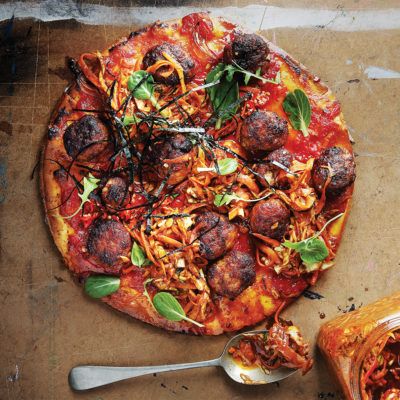 Pork meatball-and-kimchi pizza | Woolworths.co.za Kimchi Pizza, Chicken Larb, Pork Meatball, Pizza Bases, Meatball Pizza, Burger Pizza, Recipes Pork, Paprika Pork, Pork Meatballs