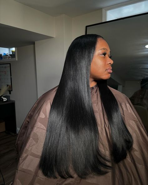 Traditional sewin for my girl!!💎 We used (3)26” of my raw Vietnamese straight extensions ( blunt cut ) + jet black custom color.… | Instagram Bone Straight Sew In, Traditional Sewin, Straight Sew In, Straight Extensions, Frontal Hairstyles, Beauty Inspo, Black Wig, Middle Part, Natural Hairstyles