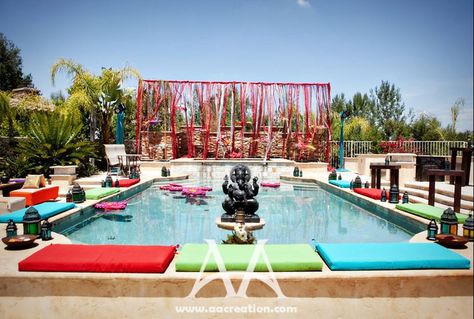 poolside wedding decorations | Arshians...all of U are welcome to attend Shagun...the grandest Shagun ... Poolside Sangeet Decor, Moroccan Wedding Decor, Pool Wedding Decorations, Haldi Decoration Ideas, Haldi Ceremony Decorations, Wedding Pool Party, Poolside Decor, Haldi Decor, Pool Party Decorations