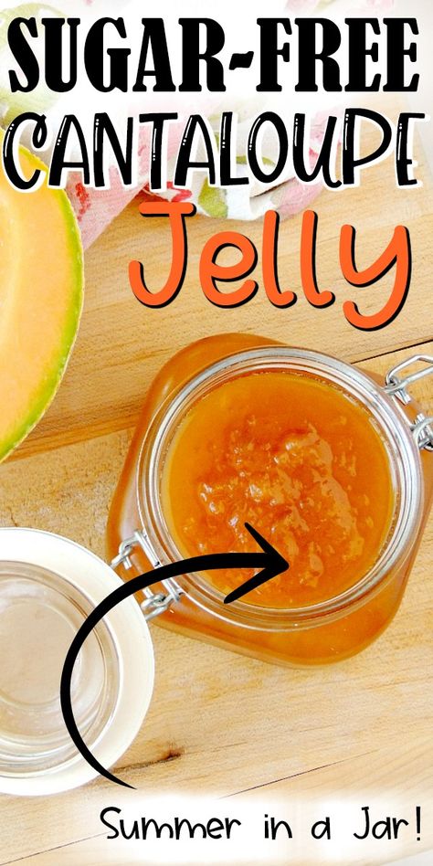 Enjoy the flavor of ripe summer cantaloupe all year long with this deliciously sweet and slightly salty sugar-free cantaloupe jelly. #sugarfree #lowcarb #keto #canning #preserves #jelly #jam #recipe #cantaloupe | bobbiskozykitchen.com How To Preserve Cantaloupe, Canning Cantaloupe Recipes, Unique Canning Recipes Ideas, Sugar Free Jams And Jellies, Sugar Free Jelly Recipes For Canning, Canning Cantaloupe, Keto Canning Recipes, Cantelope Melon Recipes, Cantaloupe Jelly