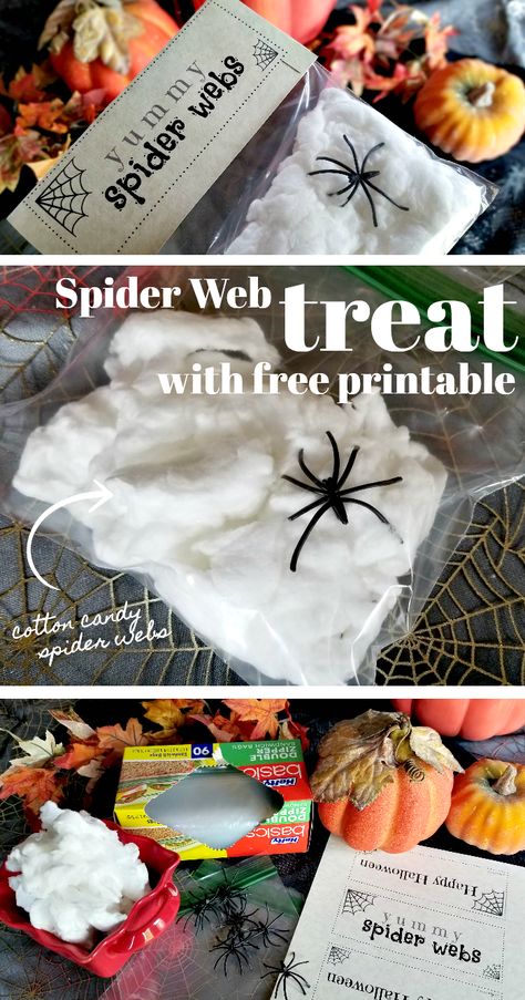 This is such a fun, easy and affordable idea for your Halloween party ... make these darling spooky spiderwebs to hand out. The webs are made out of cotton candy, so kids will love this fun snack idea, and you can use our FREE Halloween printable to assemble them in cute individual bags. Great to pass out at your harvest party or fall festival, these spider web treats also do well at bake sales and craft and holiday bazaars! Cotton Candy Spider Webs, Edible Spider Web, Candy Bar Crafts, Halloween Classroom Treats, Spooky Spider Web, Classroom Halloween Party, Awesome Costumes, Easy Halloween Party, Halloween Classroom