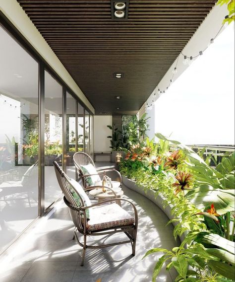 Biophilic Balcony, Floral Balcony, Lanai Design, Interior Balcony, Urban Garden Design, Apartment Balcony Garden, Small Villa, False Ceiling Living Room, Abstract Tile